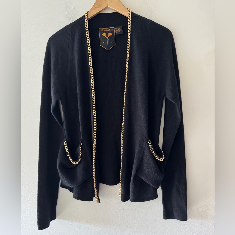 Jamison Black Vintage Cardigan Gold Chain‎ Detail Wool and Cashmere Blend